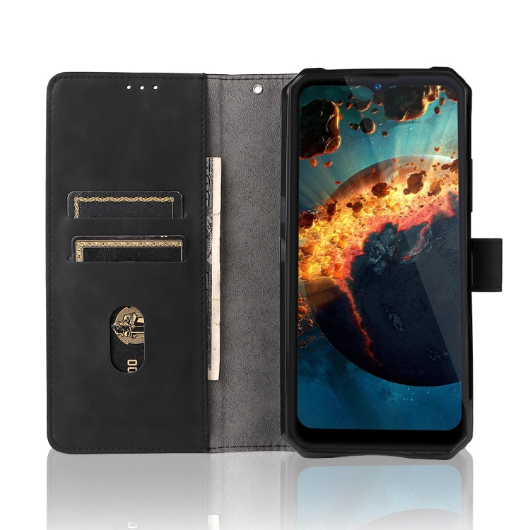 Black leather phone case with flip cover and magnetic buckle, open card slots.