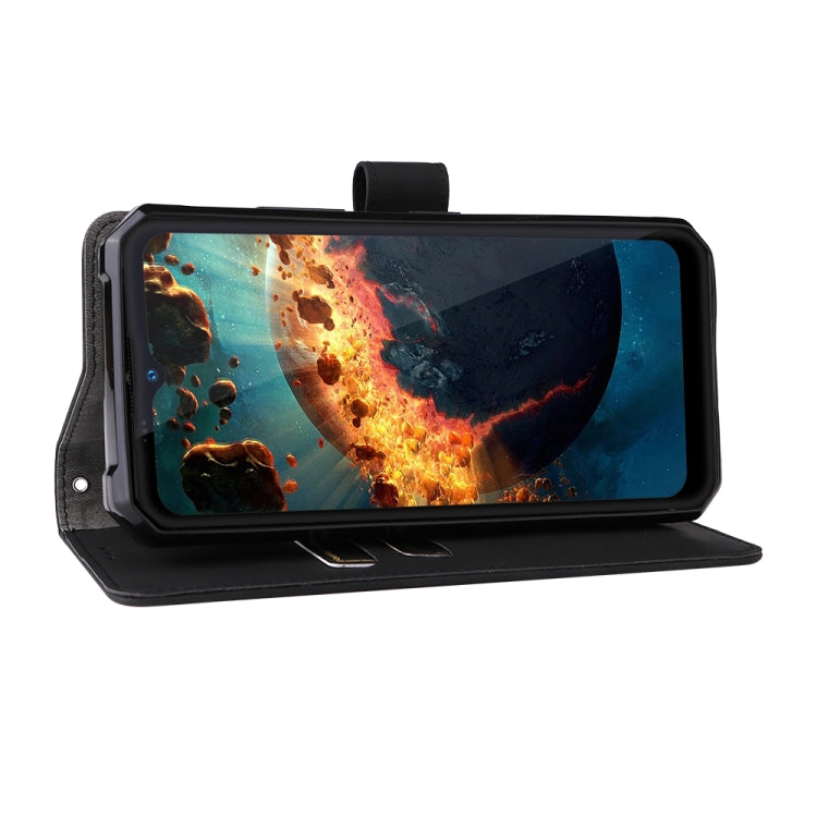 Black leather phone case with magnetic stand, flip cover folded back.