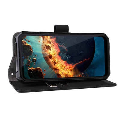 Black leather phone case with magnetic stand, flip cover folded back.
