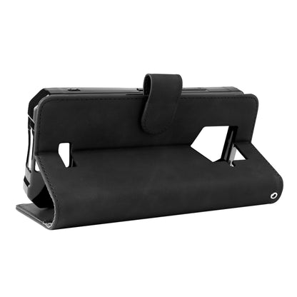 Black leather phone case with magnetic buckle and kickstand, open front cover.