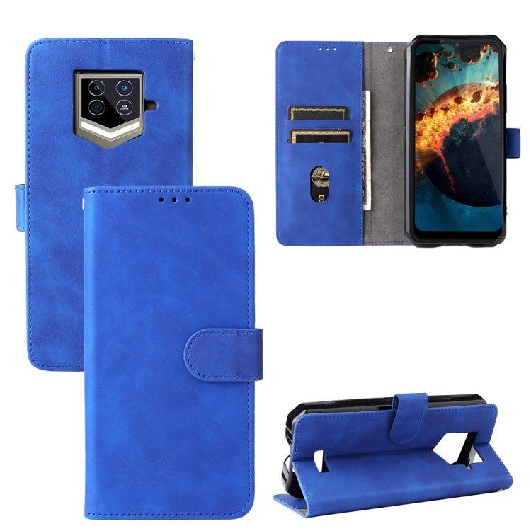 Blue leather phone case with magnetic buckle, flip cover and card slots.