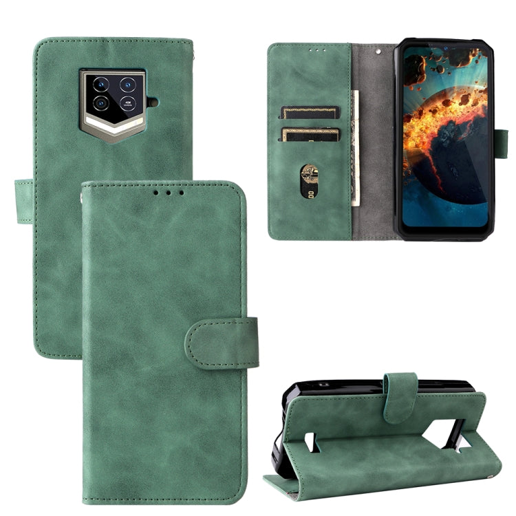 Green leather phone case with magnetic buckle, flip cover and card slots.