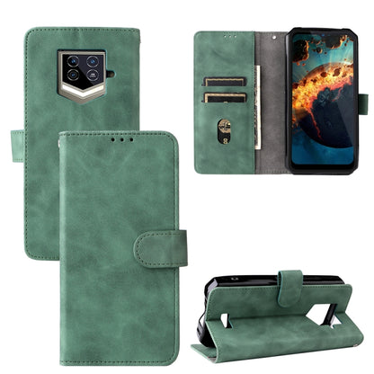 Green leather phone case with magnetic buckle, flip cover and card slots.