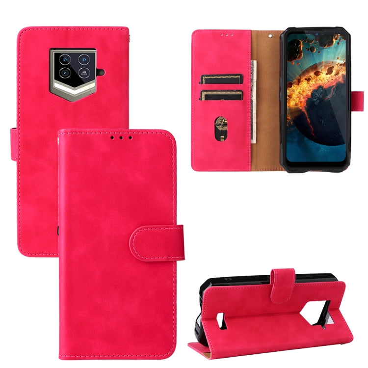 Rose red leather phone case with magnetic buckle, flip cover and card slots.