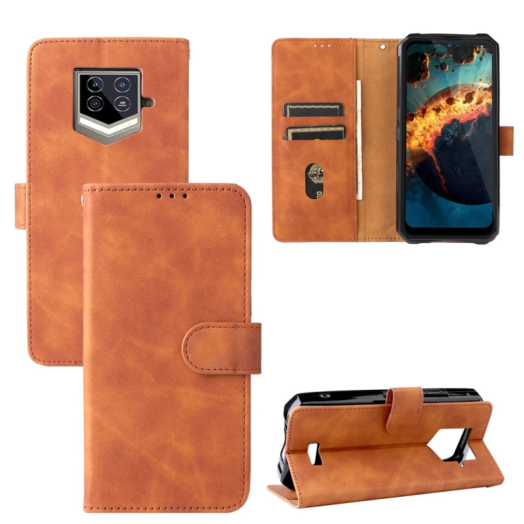 Brown leather phone case with magnetic buckle, flip cover and card slots.