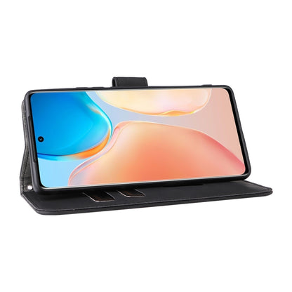 Black leather folio case with flip cover and stand support, holding phone.