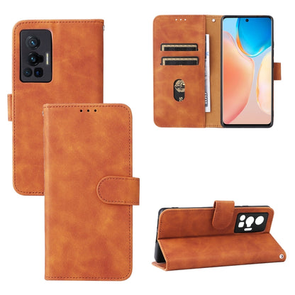 Leather-style magnetic buckle flip phone case, brown with card slots and front flap