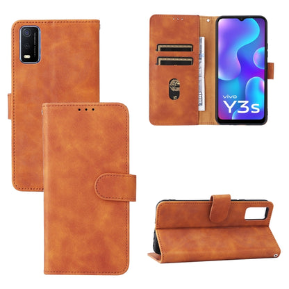 Brown leather-style magnetic buckle flip phone case with card slots and stand view