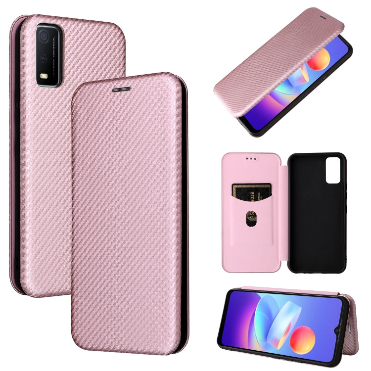Magnetic flip phone case with carbon-fiber texture, pink, with phone and card-slot view.