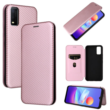 Magnetic flip phone case with carbon-fiber texture, pink, with phone and card-slot view.