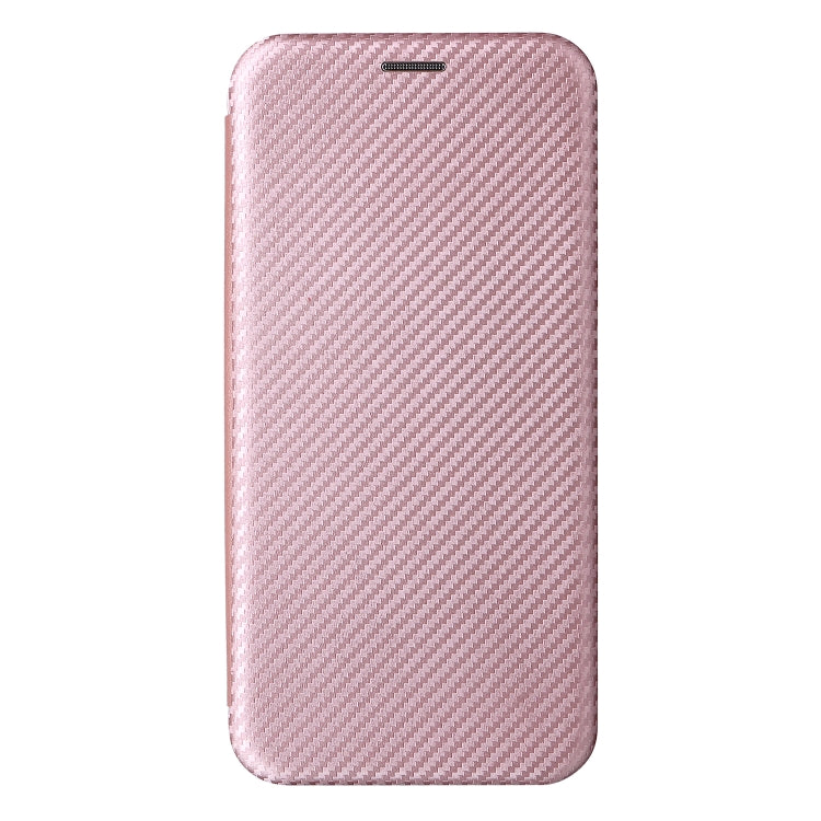 Magnetic flip phone case with carbon-fiber texture, pink, back view with camera cutout.