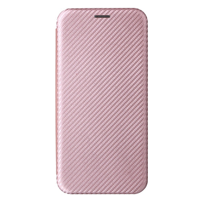 Magnetic flip phone case with carbon-fiber texture, pink, back view with camera cutout.