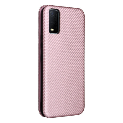 Magnetic flip phone case with carbon-fiber texture, pink, front and camera cutout view.