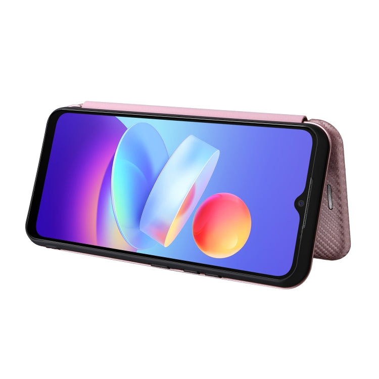 Magnetic flip phone case with carbon-fiber texture, pink, phone displayed in landscape view.