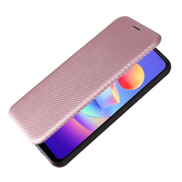 Magnetic flip phone case with carbon-fiber texture, pink, side angle with screen visible.