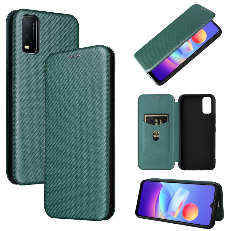 Magnetic flip phone case with carbon-fiber texture, green, with phone and card-slot view.