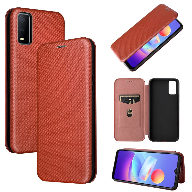 Magnetic flip phone case with carbon-fiber texture, brown, with phone and card-slot view.