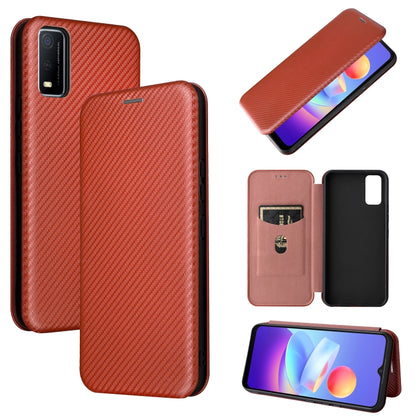 Magnetic flip phone case with carbon-fiber texture, brown, with phone and card-slot view.