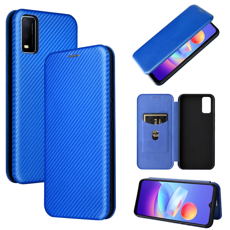 Magnetic flip phone case with carbon-fiber texture, blue, with phone and card-slot view.