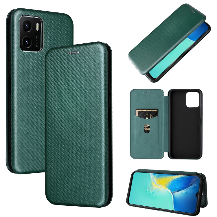 Magnetic flip phone case with carbon fiber texture, dark green leather, card pocket