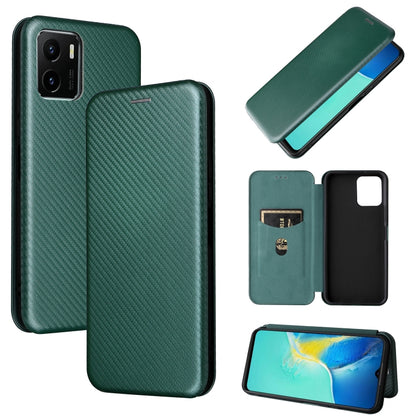 Magnetic flip phone case with carbon fiber texture, dark green leather, card pocket