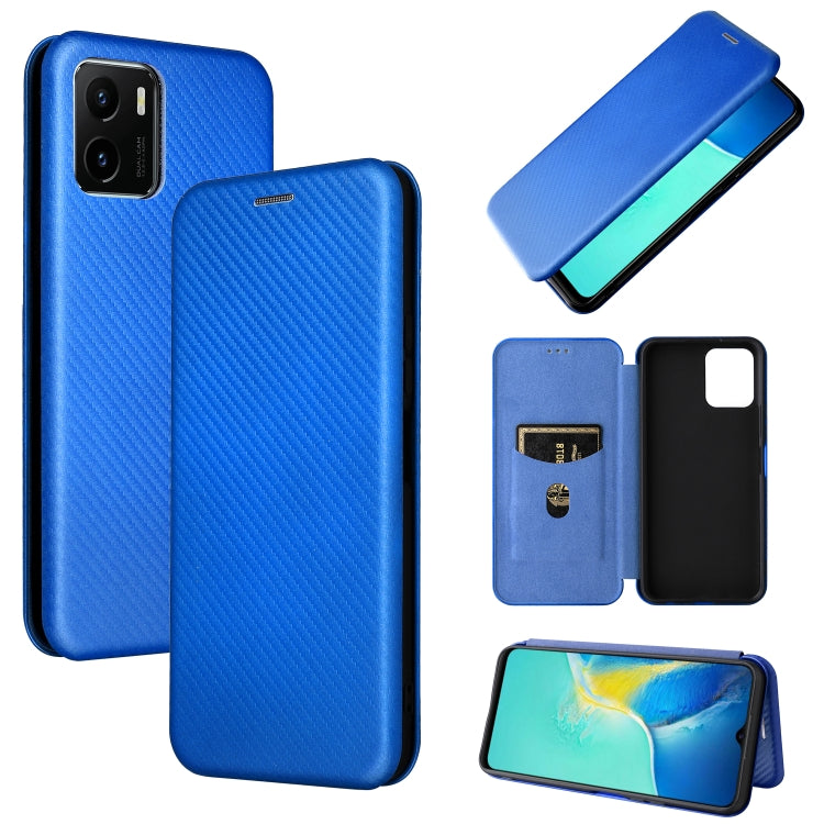 Magnetic flip phone case with carbon fiber texture, blue leather, card pocket