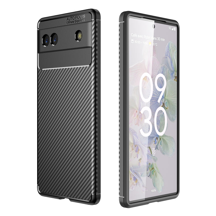 Black carbon-fiber texture TPU phone case for Google Pixel 6a, front and back