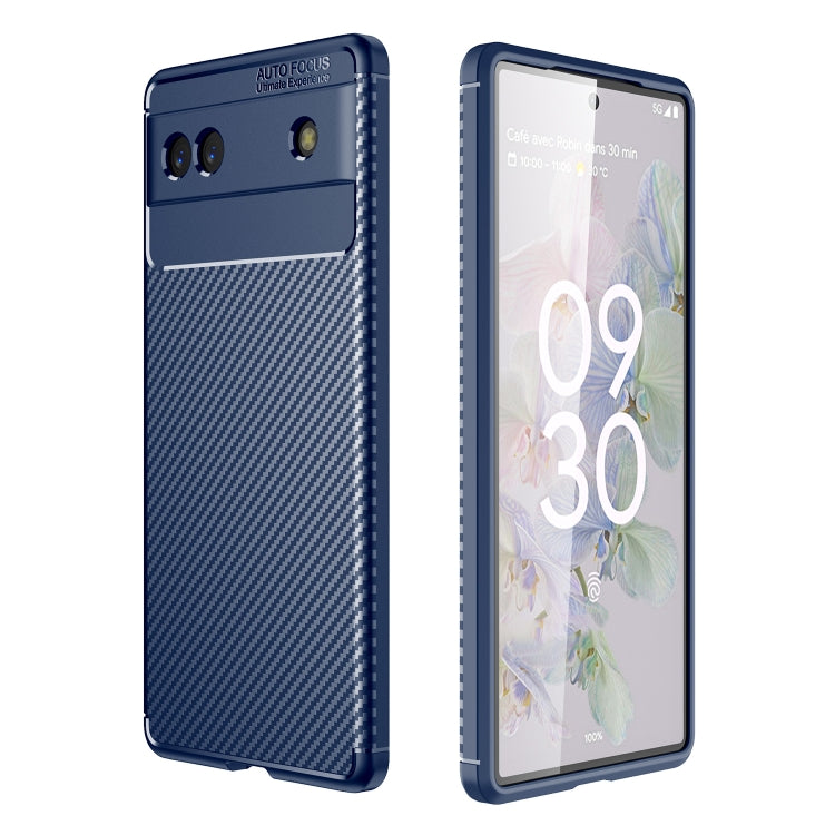 Blue carbon-fiber texture TPU phone case for Google Pixel 6a, front and back