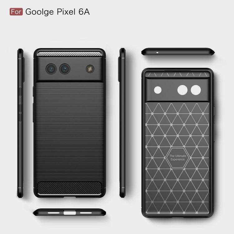 Black brushed carbon fiber texture TPU phone case, shown front and back, for Google Pixel 6a