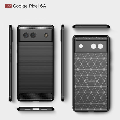Black brushed carbon fiber texture TPU phone case, shown front and back, for Google Pixel 6a