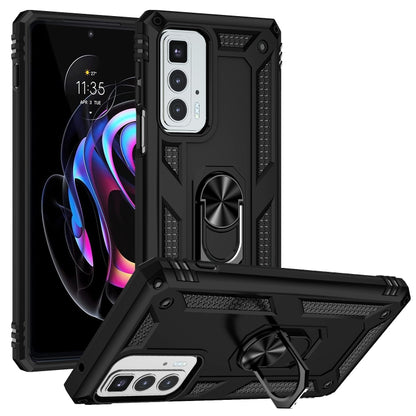 Black shockproof phone case with raised edges and metal ring kickstand, for phone rear
