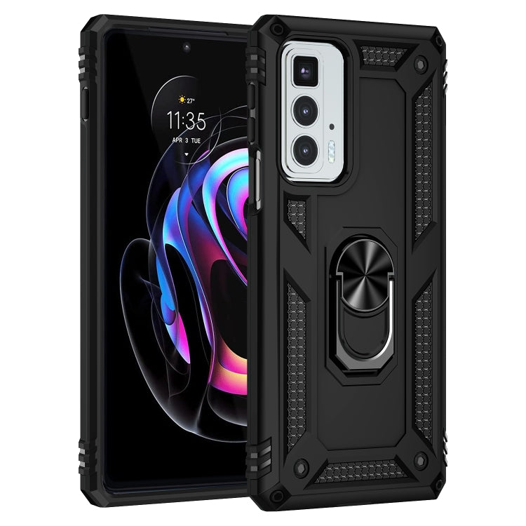 Black rugged phone case with camera cover and metal ring kickstand on back
