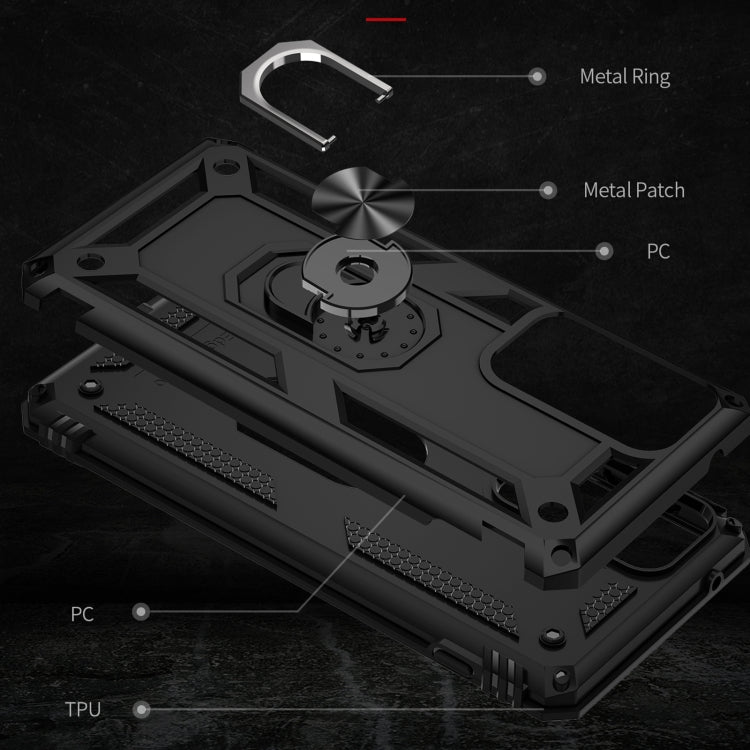 Rugged black phone case components with metal ring and TPU-PC layered protection