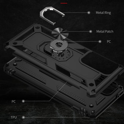 Rugged black phone case components with metal ring and TPU-PC layered protection