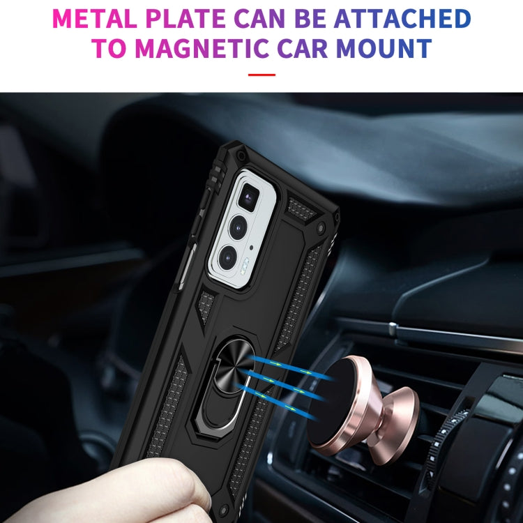 Black phone case with metal plate for magnetic car mount and ring kickstand