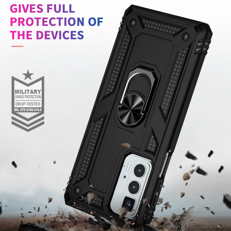 Black impact-resistant phone case with metal ring kickstand and sturdy corners