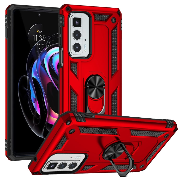 Red rugged shockproof phone case with metal ring kickstand and raised camera area