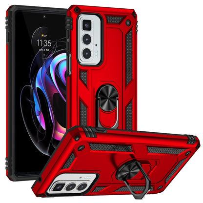 Red rugged shockproof phone case with metal ring kickstand and raised camera area