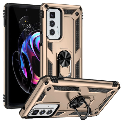 Gold rugged phone case with metal ring kickstand and raised camera cover