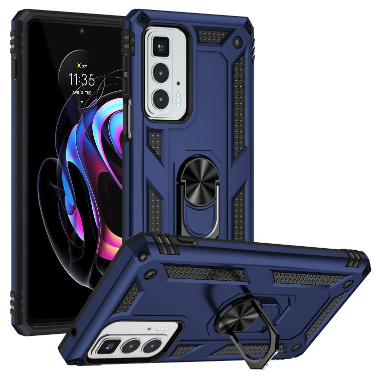 Blue rugged shockproof phone case with metal ring kickstand and protective corner grips