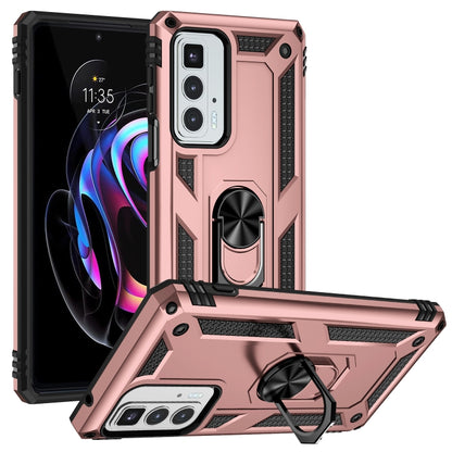 Shockproof phone case with ring holder, rose pink TPU and PC shell, raised corners