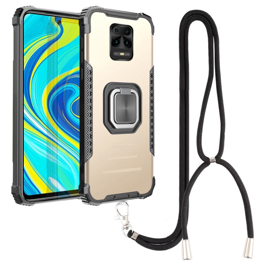Gold aluminum phone case with lanyard, TPU bumper, and raised camera cover