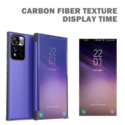 Carbon-fiber textured flip phone case, dark blue/purple, open cover with display window.