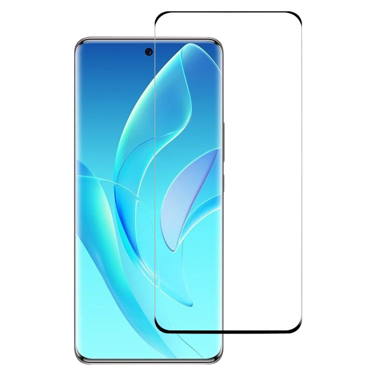 Tempered glass screen protector film applied to a smartphone front with curved edges