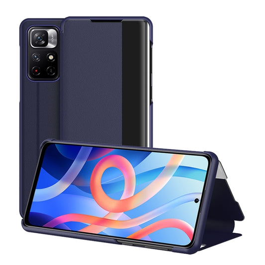 Blue window view leather phone case with stand, covering phone front and back.
