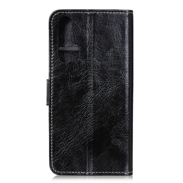 Black retro crazy horse texture flip leather phone case, back with top closure strap