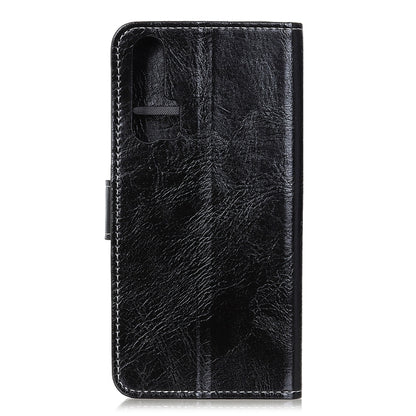 Black retro crazy horse texture flip leather phone case, back with top closure strap