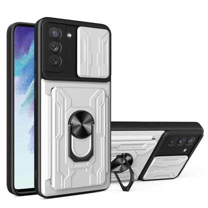 White phone case with card slot and camera cover, rugged raised panel