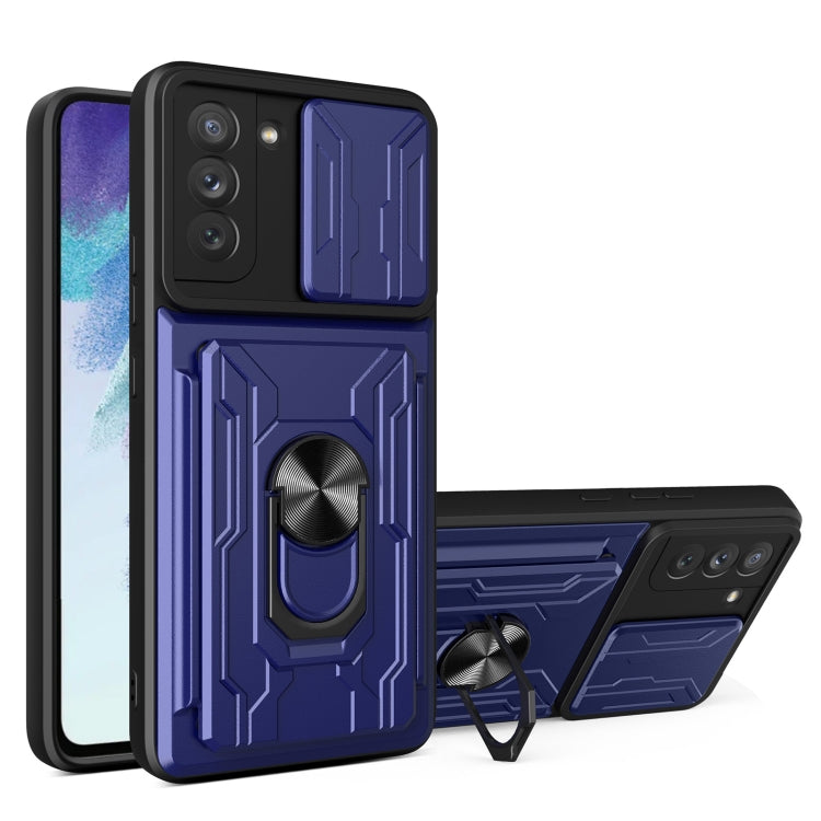 Purple phone case with camera cover, card slot, and kickstand holder