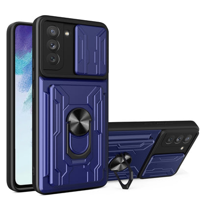 Purple phone case with camera cover, card slot, and kickstand holder